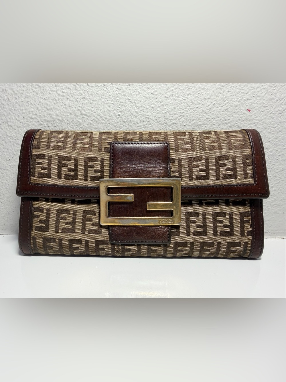 Fendi Brown Monogram Zucca Canvas Continental Wallet with Gold Buckle